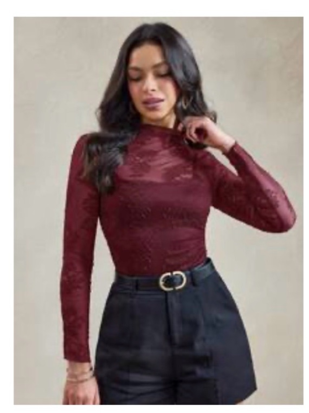Sheer Lace Long-Sleeve Blouse in Wine